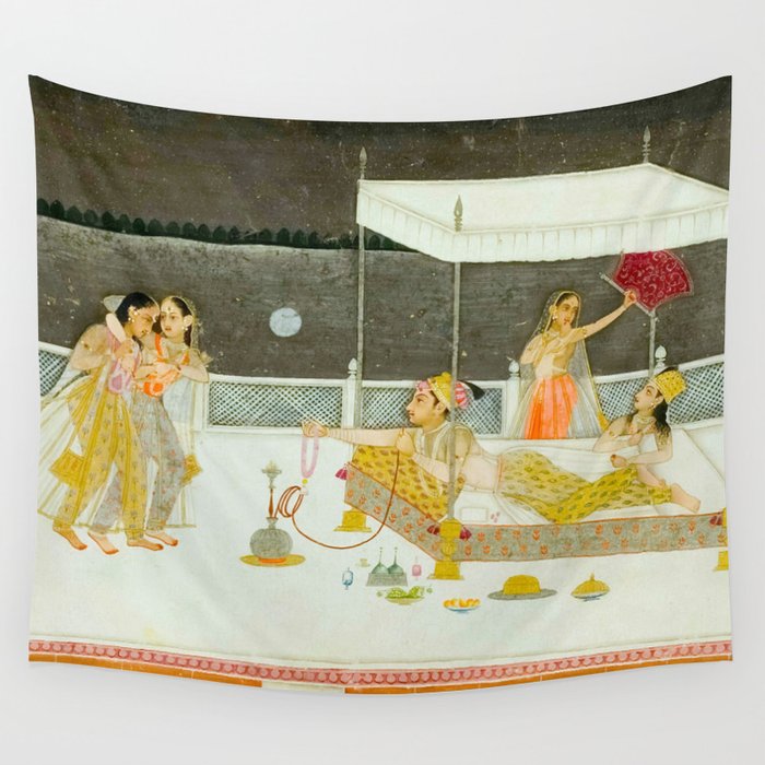 seduction scene on a terrace by moonlight Indian Miniature Painting Wall Tapestry Gallery Image 4
