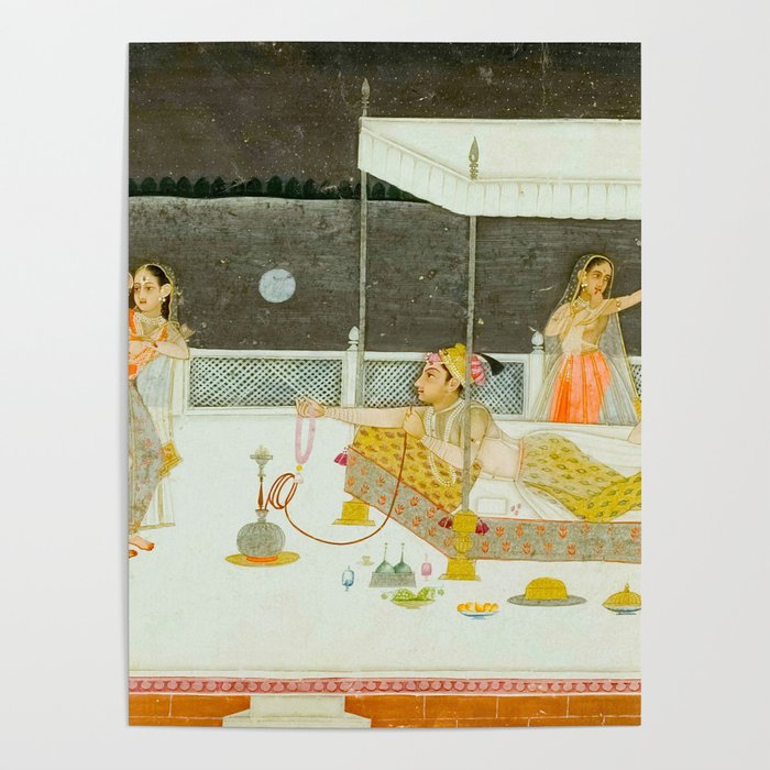 seduction scene on a terrace by moonlight Indian Miniature Painting Poster Gallery Image 1