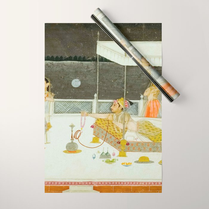 seduction scene on a terrace by moonlight Indian Miniature Painting Wrapping Paper Gallery Image 1
