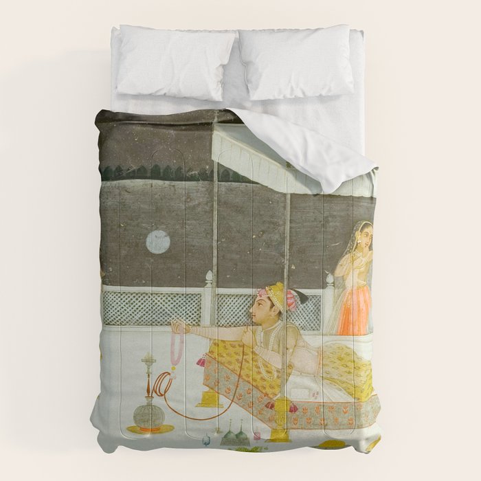 seduction scene on a terrace by moonlight Indian Miniature Painting Comforter Gallery Image 1