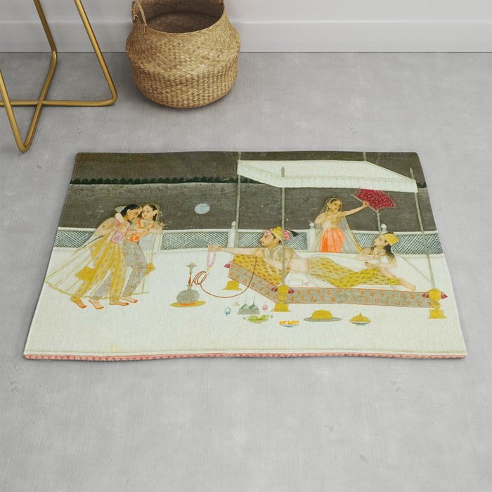 seduction scene on a terrace by moonlight Indian Miniature Painting Rug Gallery Image 1