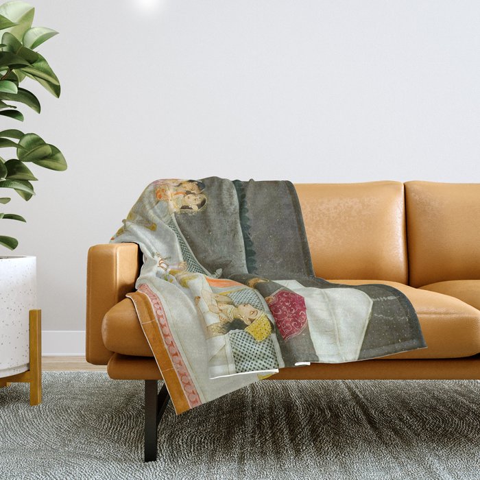 seduction scene on a terrace by moonlight Indian Miniature Painting Throw Blanket Gallery Image 1