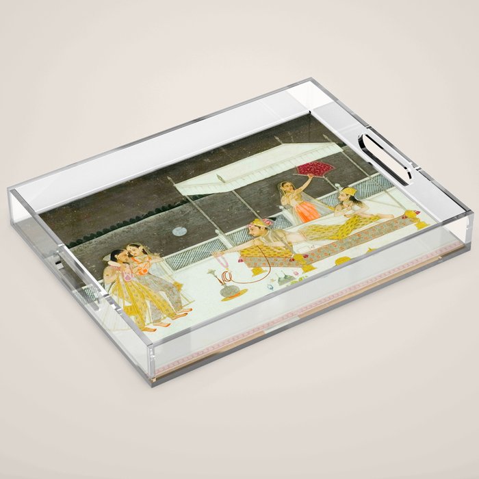 seduction scene on a terrace by moonlight Indian Miniature Painting Acrylic Tray Gallery Image 1