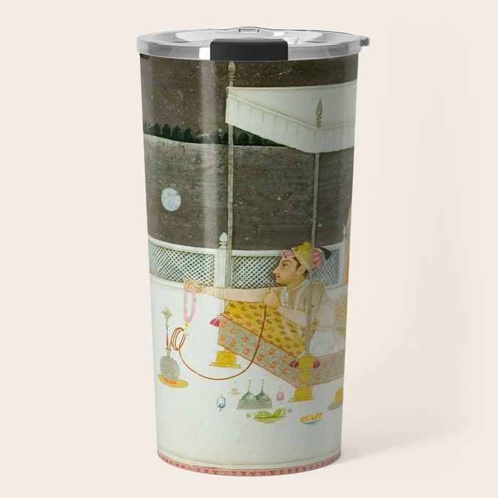 seduction scene on a terrace by moonlight Indian Miniature Painting Travel Mug Gallery Image 1