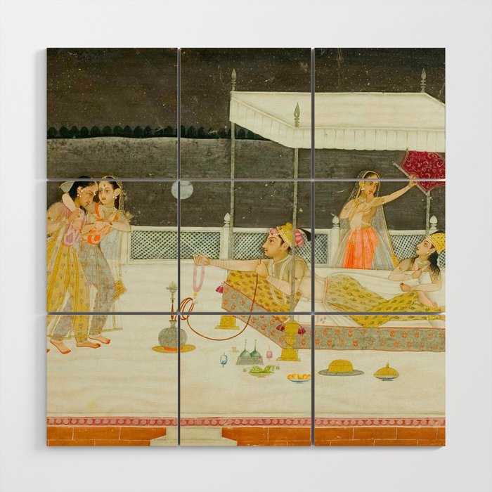 seduction scene on a terrace by moonlight Indian Miniature Painting Wood Wall Art Gallery Image 1