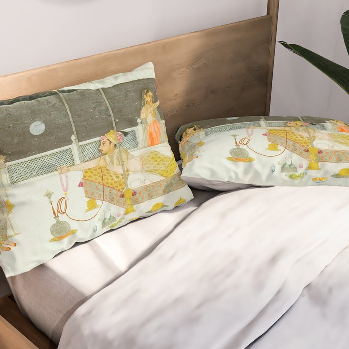 seduction scene on a terrace by moonlight Indian Miniature Painting Pillow Sham Gallery Image 2
