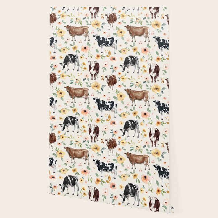 Cows with Pink and Yellow Flowers on Cream, Cow Illustration, Floral Wallpaper Gallery Image 2