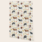 Cows with Pink and Yellow Flowers on Cream, Cow Illustration, Floral Wallpaper Gallery Image 2