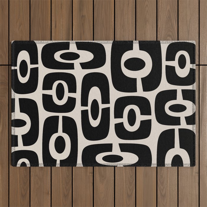 Mid Century Modern Cosmic Abstract 363 Black and Linen White Outdoor Rug Gallery Image 1