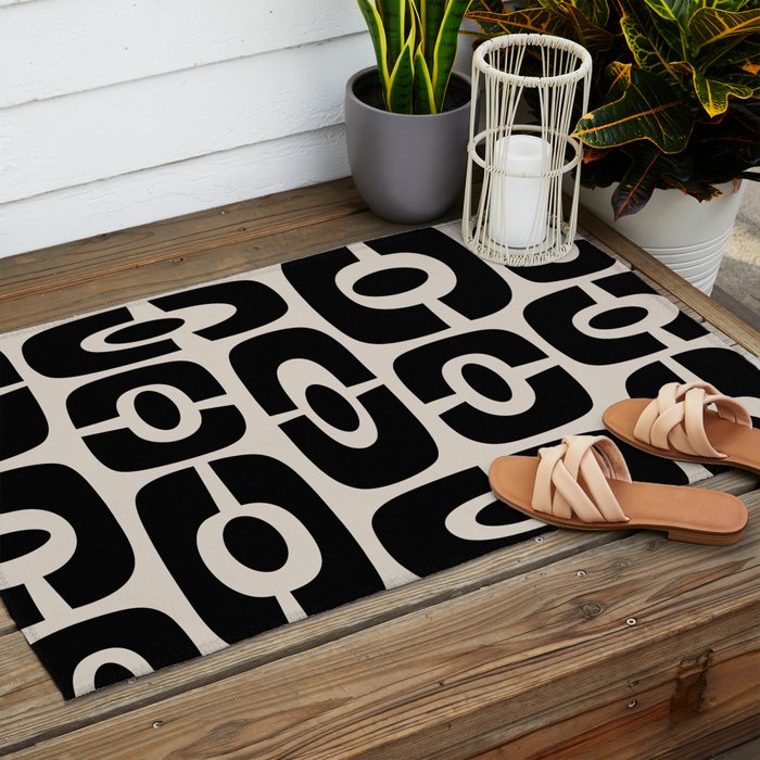Mid Century Modern Cosmic Abstract 363 Black and Linen White Outdoor Rug Gallery Image 2