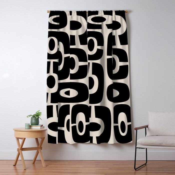 Mid Century Modern Cosmic Abstract 363 Black and Linen White Window Curtain Gallery Image 1