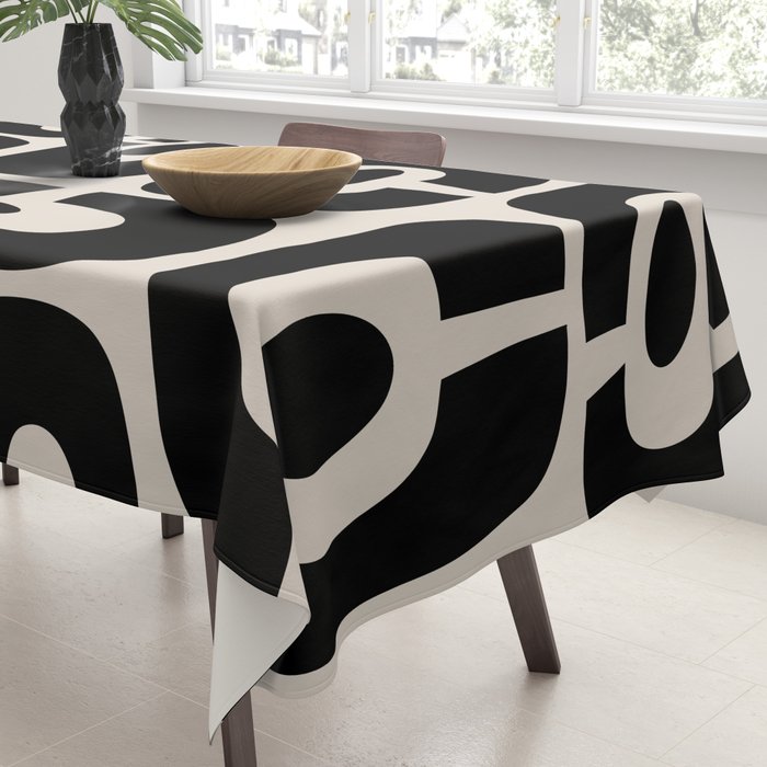 Mid Century Modern Cosmic Abstract 363 Black and Linen White Tablecloth Gallery Image 3