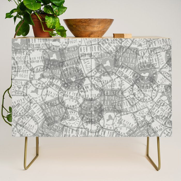 Vintage New York City Empire State Travel Stamp Pattern Credenza Gallery Image 1