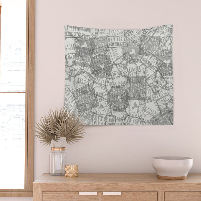 Vintage New York City Empire State Travel Stamp Pattern Wall Tapestry Gallery Image 2