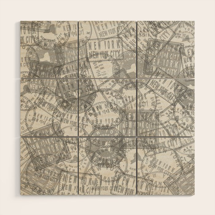 Vintage New York City Empire State Travel Stamp Pattern Wood Wall Art Gallery Image 1