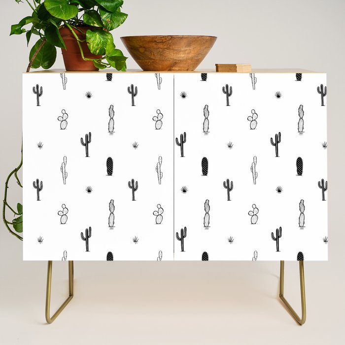 Black and white cactus plant pattern art Credenza Gallery Image 1