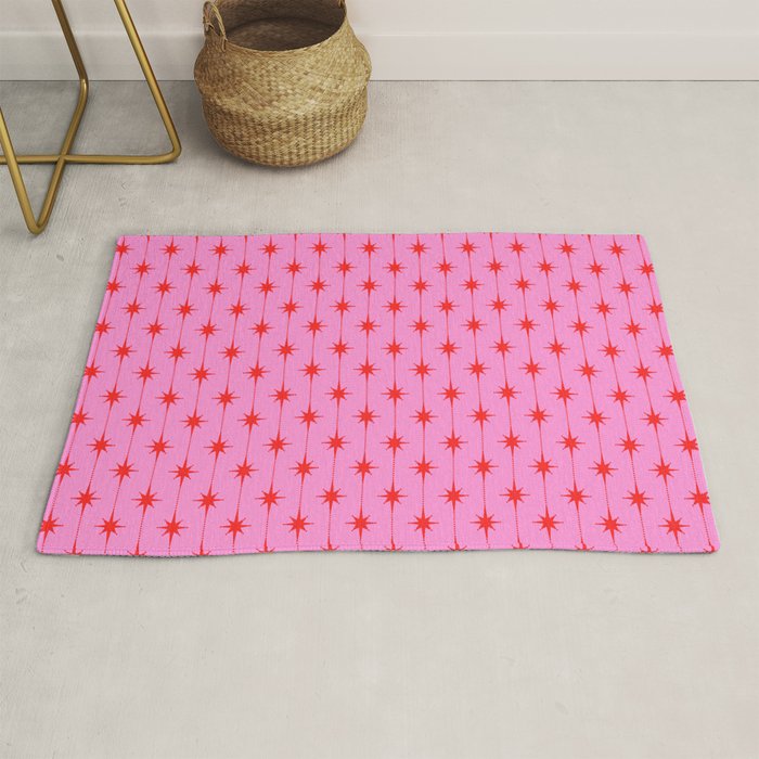 Midcentury Stars and Dots Preppy Pink and Red Pattern Rug Gallery Image 1