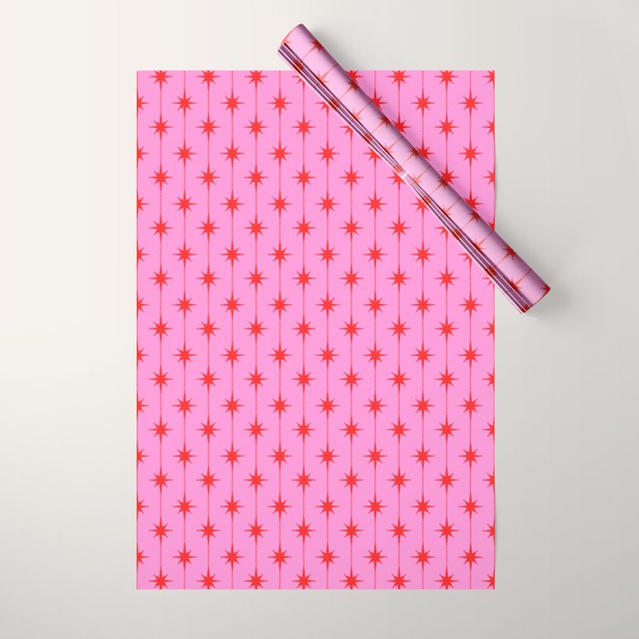Midcentury Stars and Dots Preppy Pink and Red Pattern Wrapping Paper Gallery Image 1