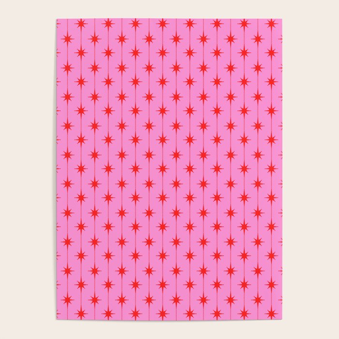Midcentury Stars and Dots Preppy Pink and Red Pattern Poster Gallery Image 1