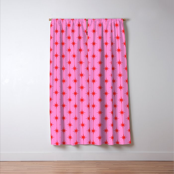Midcentury Stars and Dots Preppy Pink and Red Pattern Window Curtain Gallery Image 3