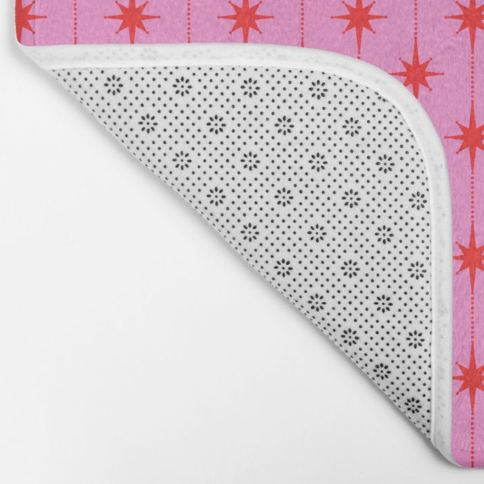 Midcentury Stars and Dots Preppy Pink and Red Pattern Bath Mat Gallery Image 2