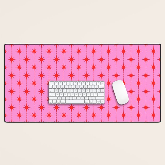 Midcentury Stars and Dots Preppy Pink and Red Pattern Desk Mat Gallery Image 1