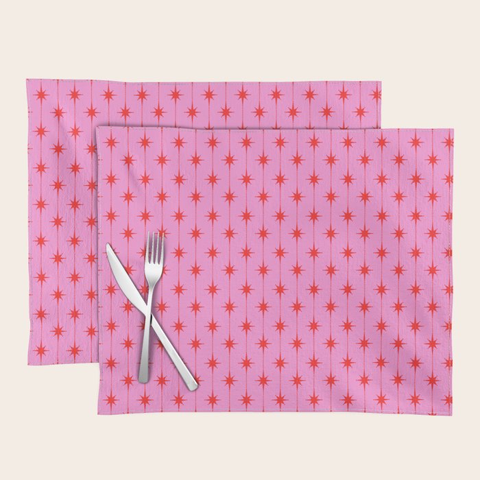 Midcentury Stars and Dots Preppy Pink and Red Pattern Placemat Gallery Image 1