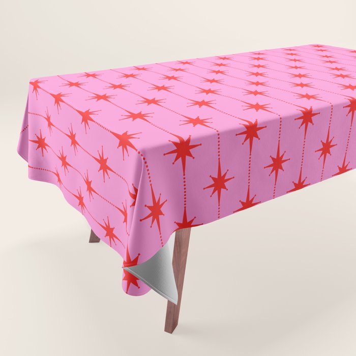 Midcentury Stars and Dots Preppy Pink and Red Pattern Tablecloth Gallery Image 1