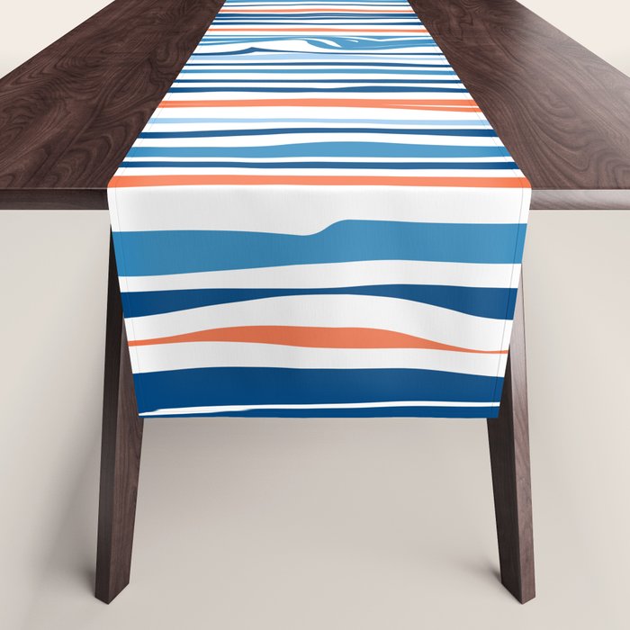 Modern Abstract Ocean Wave Stripes in Classic Blues and Orange Table Runner Gallery Image 1