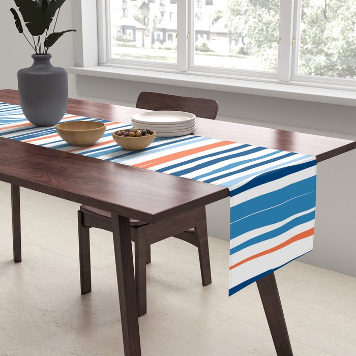 Modern Abstract Ocean Wave Stripes in Classic Blues and Orange Table Runner Gallery Image 2