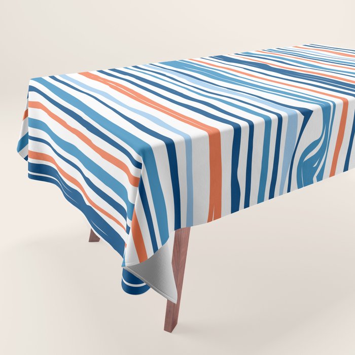 Modern Abstract Ocean Wave Stripes in Classic Blues and Orange Tablecloth Gallery Image 1