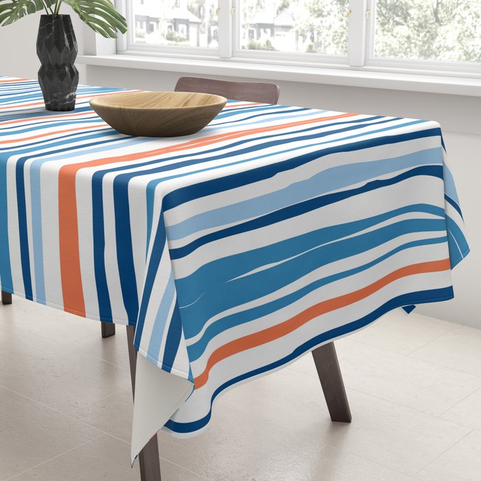 Modern Abstract Ocean Wave Stripes in Classic Blues and Orange Tablecloth Gallery Image 3
