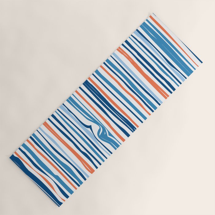 Modern Abstract Ocean Wave Stripes in Classic Blues and Orange Yoga Mat Gallery Image 1