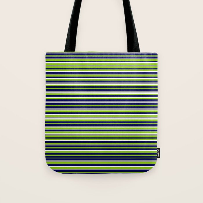 Fine Stripes Cheerful Pattern in Lime Green, Spring Green, Navy Blue, Gray Grey, White  Tote Bag Gallery Image 1
