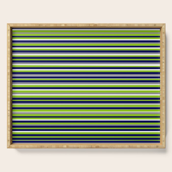Fine Stripes Cheerful Pattern in Lime Green, Spring Green, Navy Blue, Gray Grey, White  Serving Tray Gallery Image 1