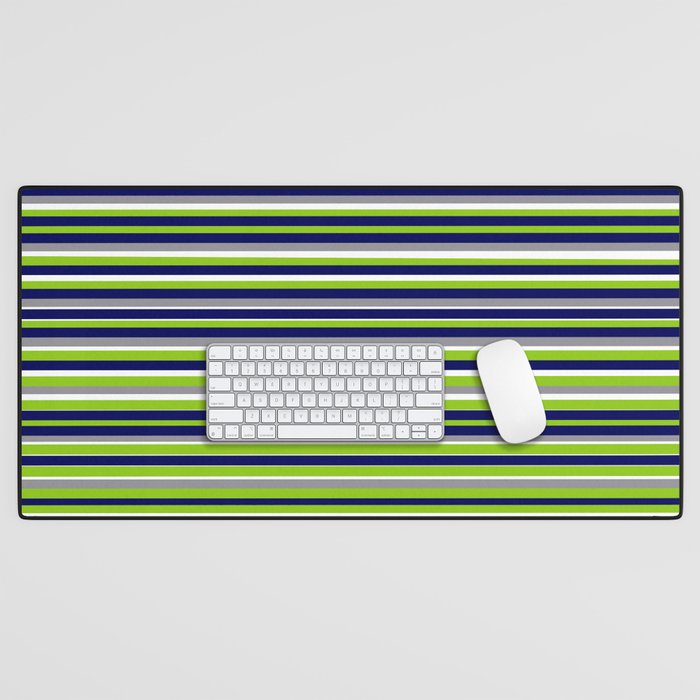 Fine Stripes Cheerful Pattern in Lime Green, Spring Green, Navy Blue, Gray Grey, White  Desk Mat Gallery Image 1