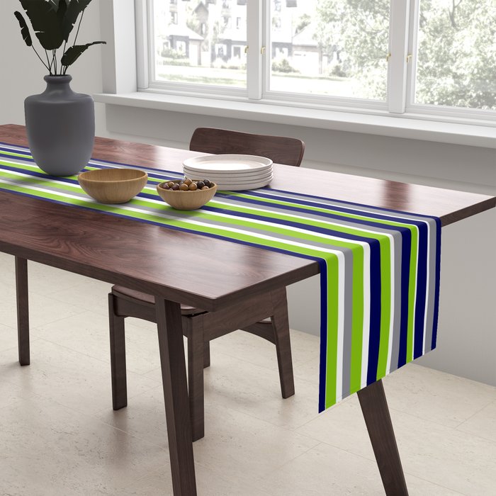 Fine Stripes Cheerful Pattern in Lime Green, Spring Green, Navy Blue, Gray Grey, White  Table Runner Gallery Image 2