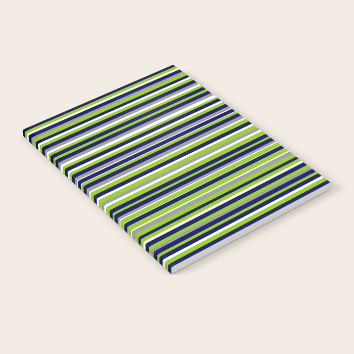 Fine Stripes Cheerful Pattern in Lime Green, Spring Green, Navy Blue, Gray Grey, White  Notebook Gallery Image 1