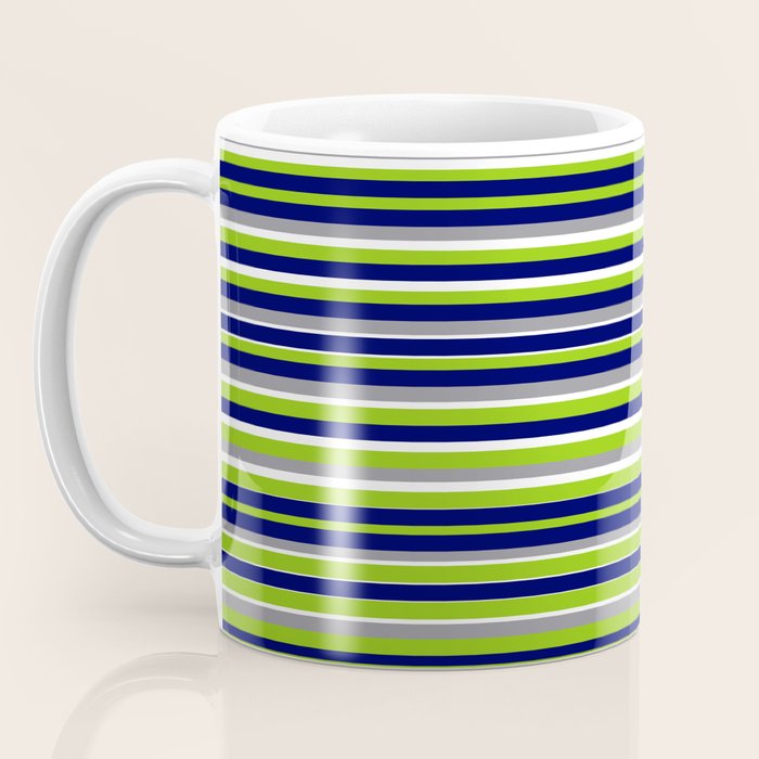 Fine Stripes Cheerful Pattern in Lime Green, Spring Green, Navy Blue, Gray Grey, White  Coffee Mug Gallery Image 3
