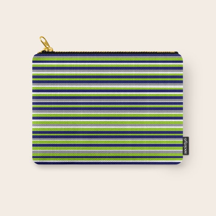 Fine Stripes Cheerful Pattern in Lime Green, Spring Green, Navy Blue, Gray Grey, White  Carry All Pouch Gallery Image 1