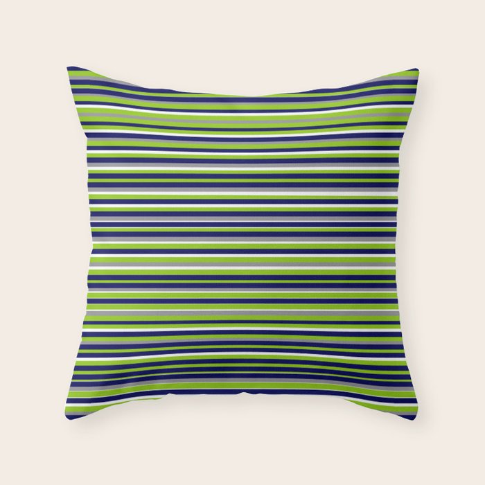 Fine Stripes Cheerful Pattern in Lime Green, Spring Green, Navy Blue, Gray Grey, White  Throw Pillow Gallery Image 1