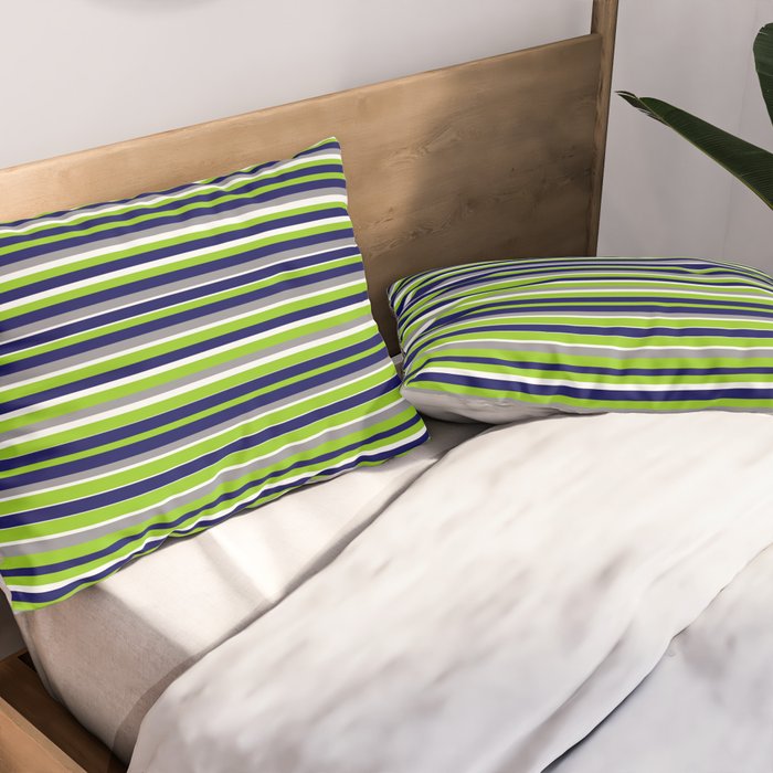 Fine Stripes Cheerful Pattern in Lime Green, Spring Green, Navy Blue, Gray Grey, White  Pillow Sham Gallery Image 2