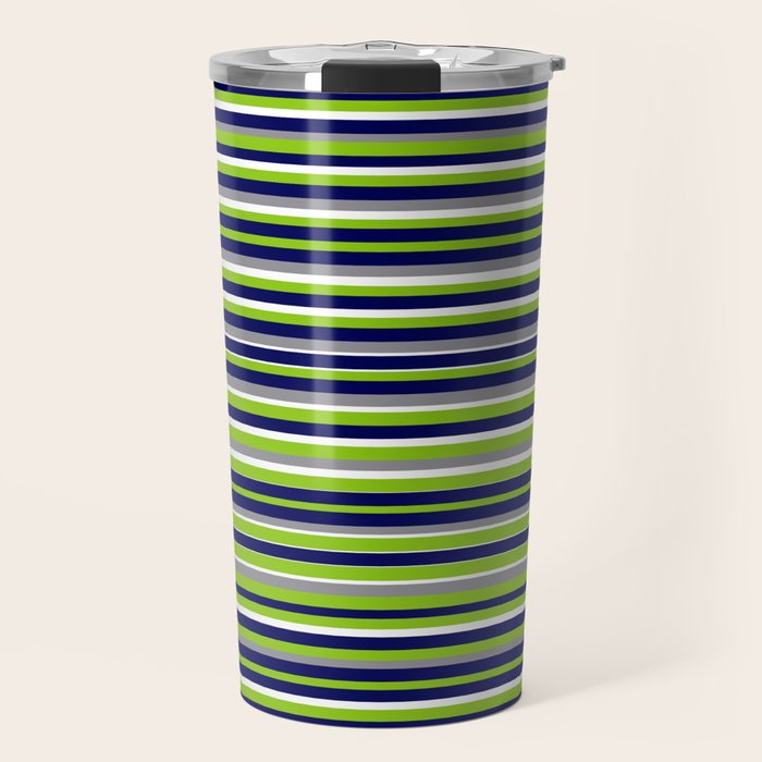 Fine Stripes Cheerful Pattern in Lime Green, Spring Green, Navy Blue, Gray Grey, White  Travel Mug Gallery Image 1