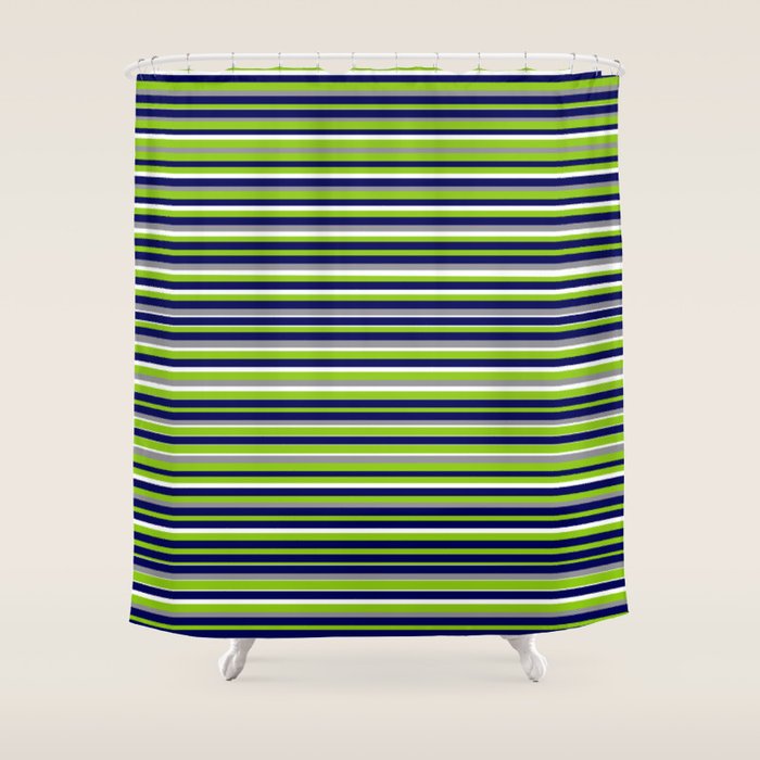 Fine Stripes Cheerful Pattern in Lime Green, Spring Green, Navy Blue, Gray Grey, White  Shower Curtain Gallery Image 1