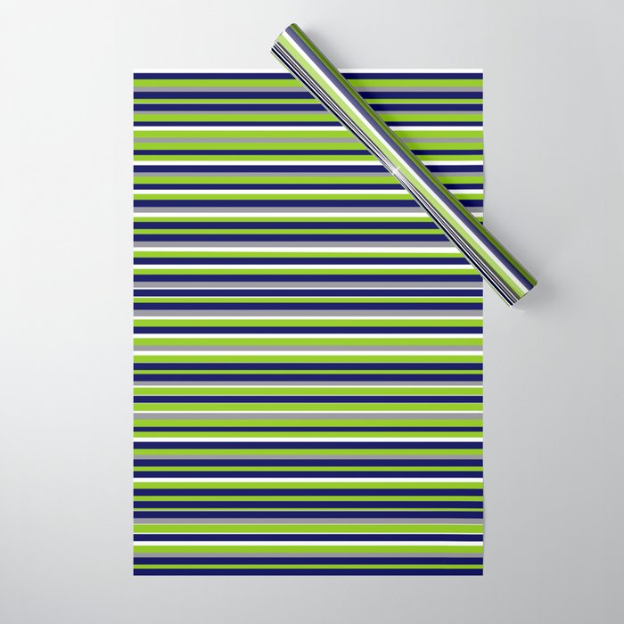Fine Stripes Cheerful Pattern in Lime Green, Spring Green, Navy Blue, Gray Grey, White  Wrapping Paper Gallery Image 1