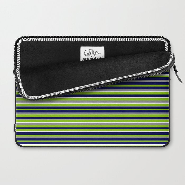 Fine Stripes Cheerful Pattern in Lime Green, Spring Green, Navy Blue, Gray Grey, White  Laptop Sleeve Gallery Image 2