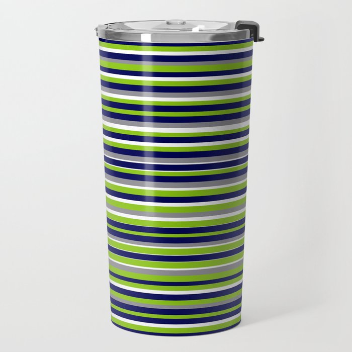Fine Stripes Cheerful Pattern in Lime Green, Spring Green, Navy Blue, Gray Grey, White  Travel Mug Gallery Image 2