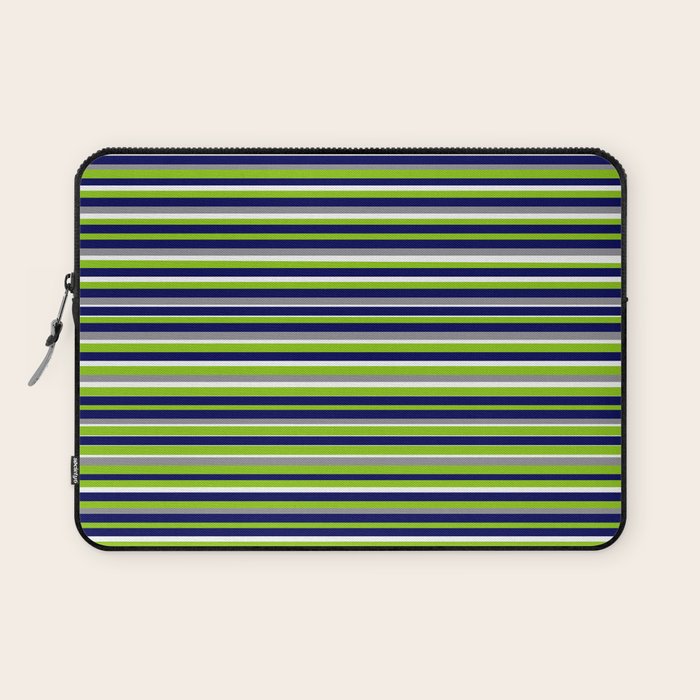 Fine Stripes Cheerful Pattern in Lime Green, Spring Green, Navy Blue, Gray Grey, White  Laptop Sleeve Gallery Image 1