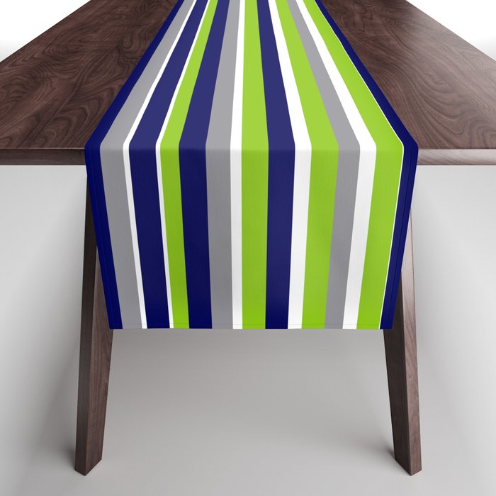 Fine Stripes Cheerful Pattern in Lime Green, Spring Green, Navy Blue, Gray Grey, White  Table Runner Gallery Image 1