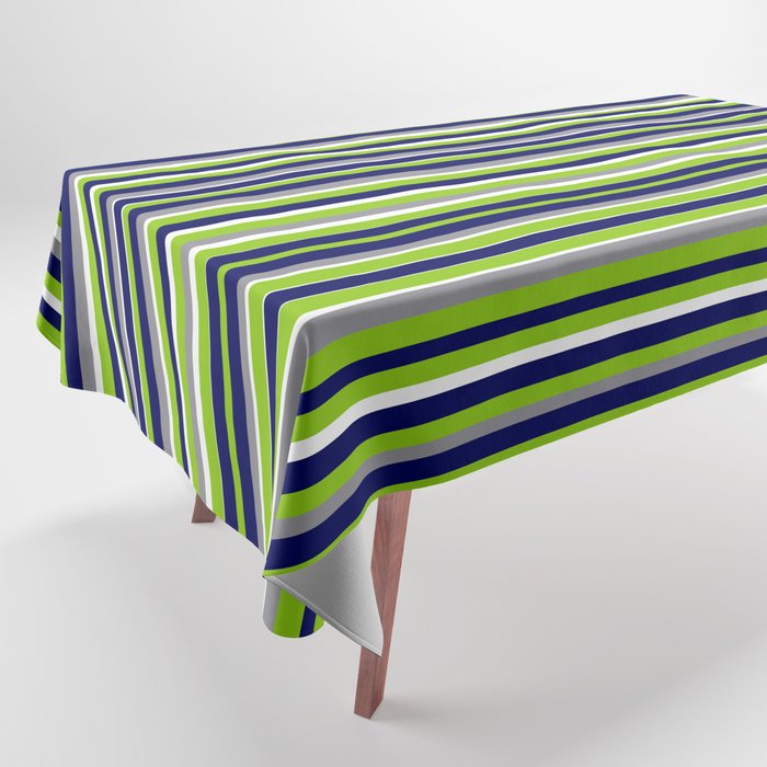 Fine Stripes Cheerful Pattern in Lime Green, Spring Green, Navy Blue, Gray Grey, White  Tablecloth Gallery Image 1